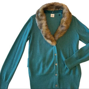 CAbi Faux Fur Detachable Collar Cardigan with Waist Slimming Detail